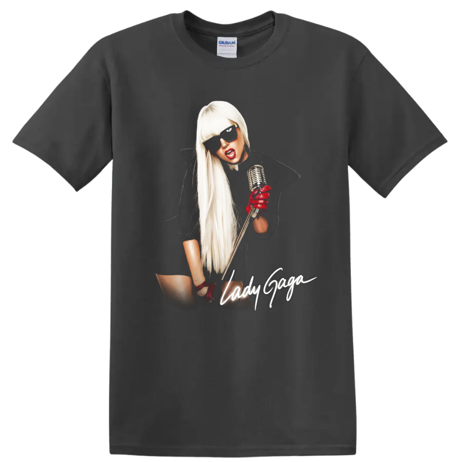 Lady Gaga pop art portrait with microphone, sunglasses, and script text on a Charcoal T Shirt