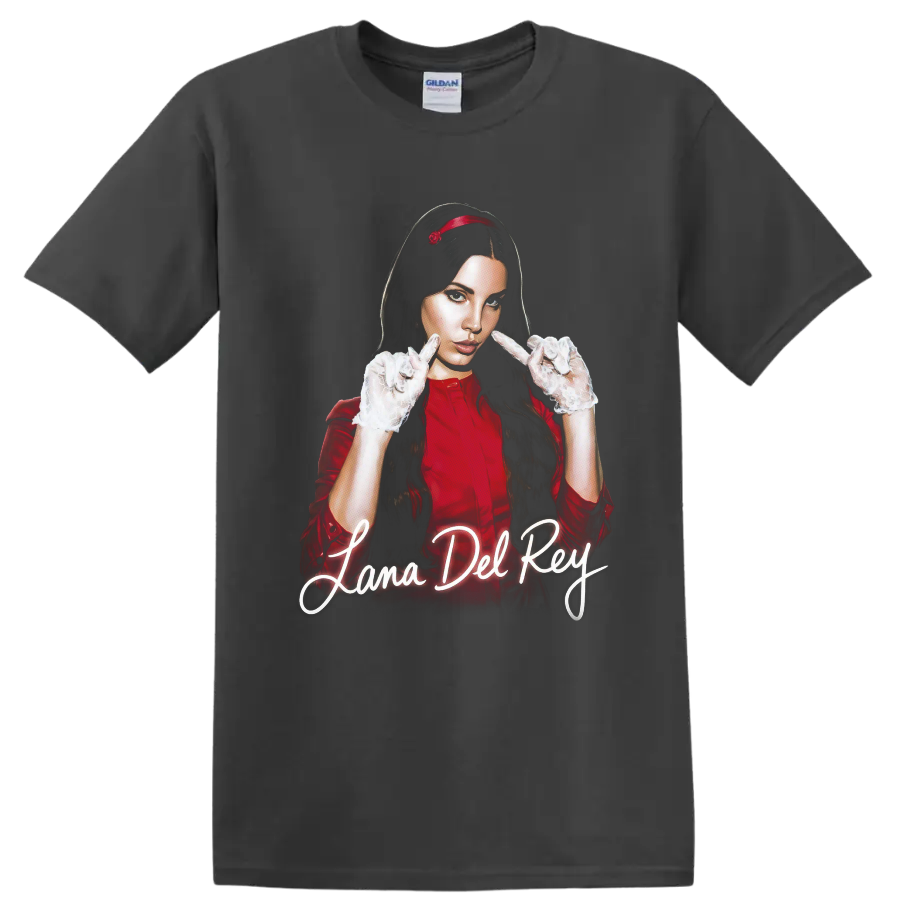 Lana Del Rey digital fan-art portrait with glowing script text on a Charcoal T Shirt