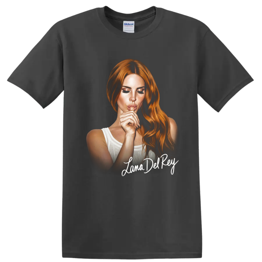 Lana Del Rey digital portrait fan art with white script lettering on a Charcoal T Shirt