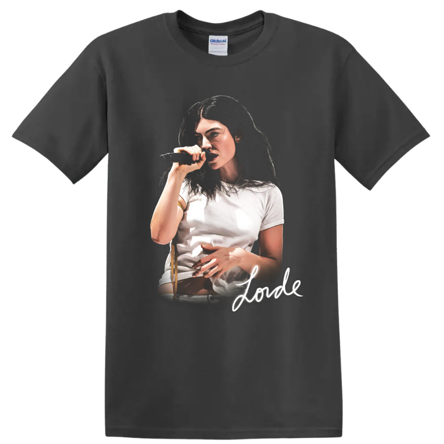 Lorde singer portrait performing with a microphone and signature on a Charcoal T Shirt