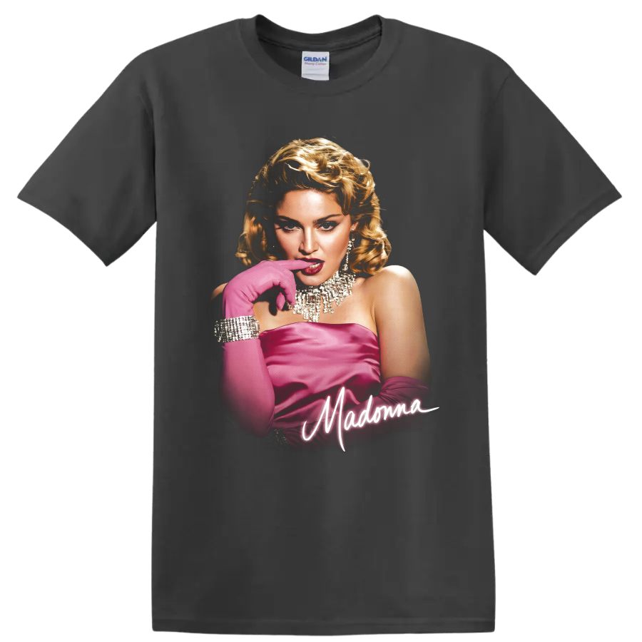 Madonna Material Girl era pink glamour portrait with script lettering on a Charcoal T Shirt