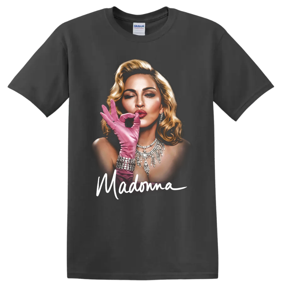 Madonna pop art portrait with pink glove and script lettering on a Charcoal T Shirt