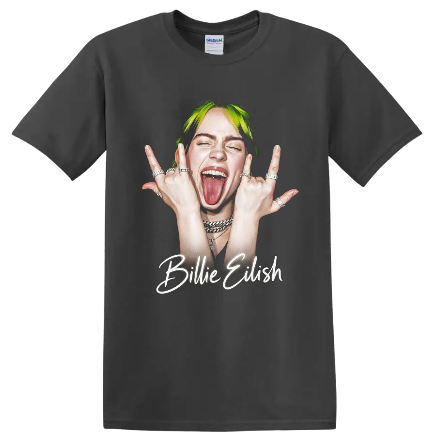 Billie Eilish neon pop art portrait with glowing script lettering on a Charcoal T Shirt