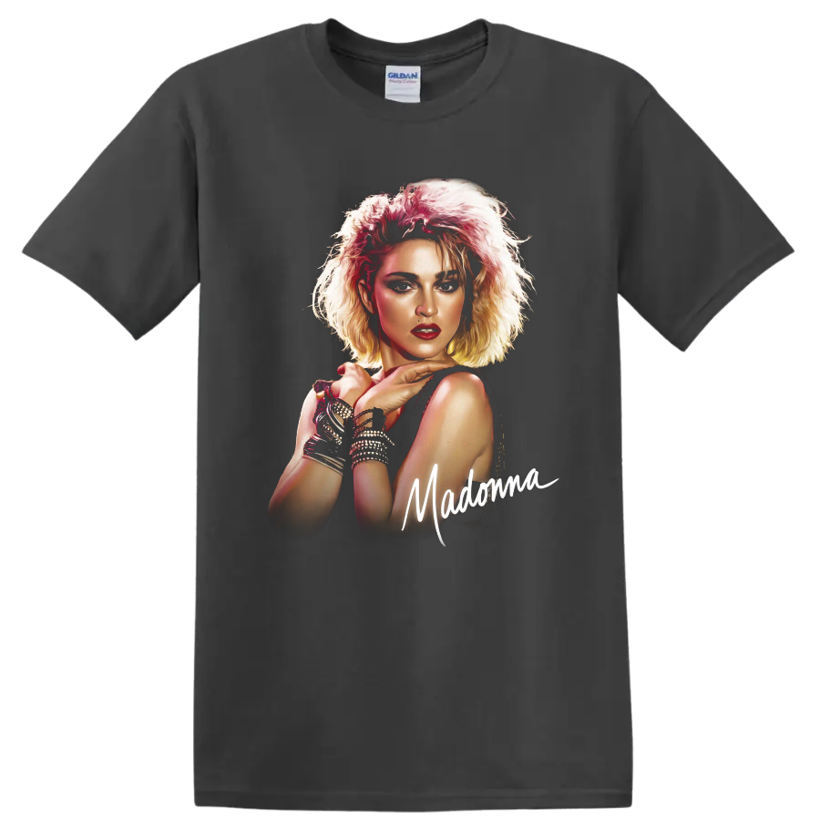 Madonna Like a Virgin pop art portrait with handwritten Madonna lettering on a Charcoal T Shirt