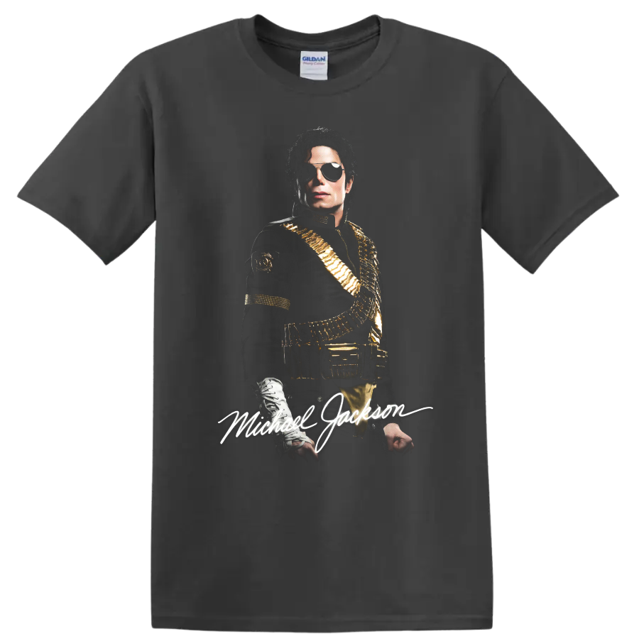 Michael Jackson Dangerous era portrait graphic with signature lettering on a Charcoal T Shirt