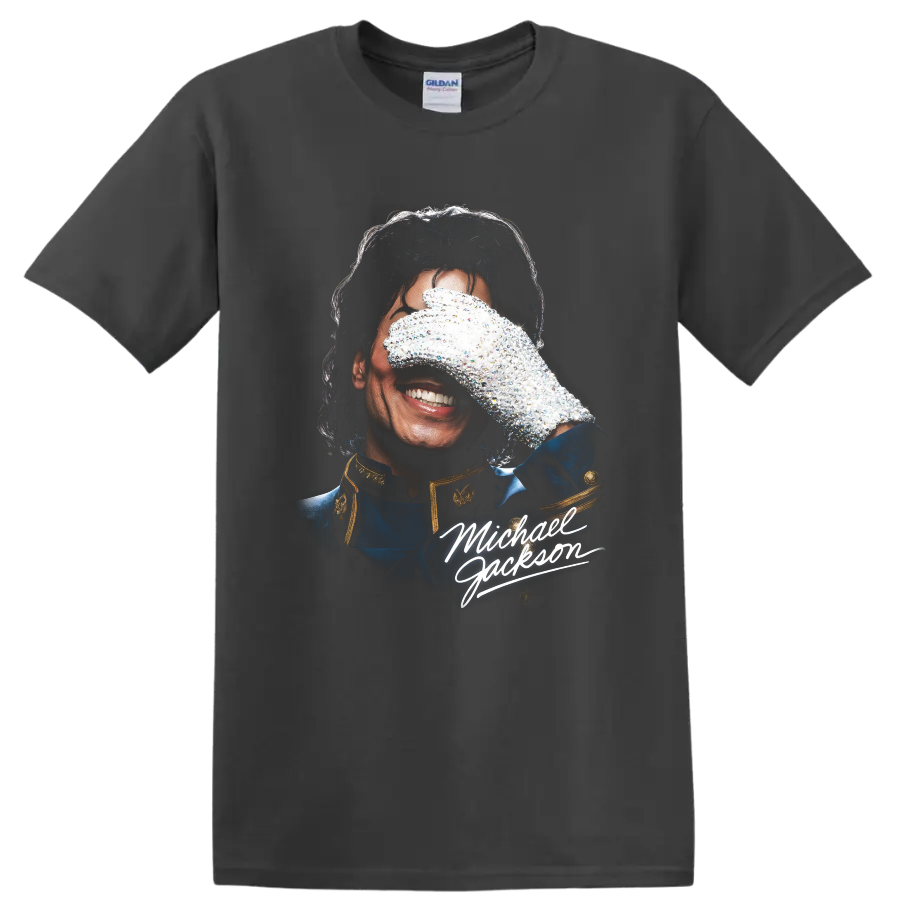 Michael Jackson portrait with signature glove and white script graphic on a Charcoal T Shirt