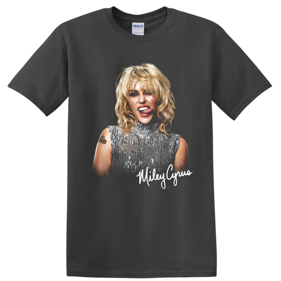 Miley Cyrus portrait with silver sequin top and signature-style name on a Charcoal T Shirt