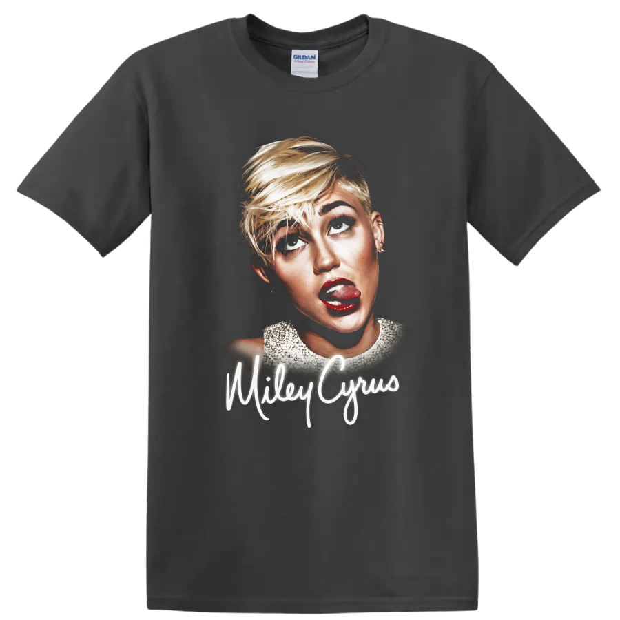 Miley Cyrus Bangerz-era portrait graphic with script name on a Charcoal T Shirt