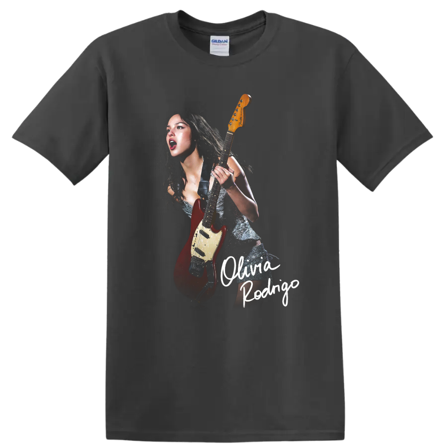 Olivia Rodrigo performing with red electric guitar and handwritten name design on a Charcoal T Shirt