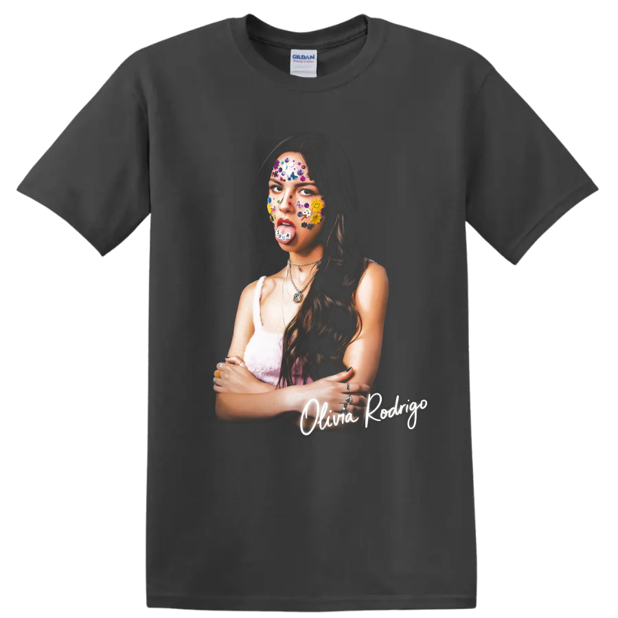 Olivia Rodrigo colorful SOUR-inspired portrait graphic with sticker details on a Charcoal T Shirt