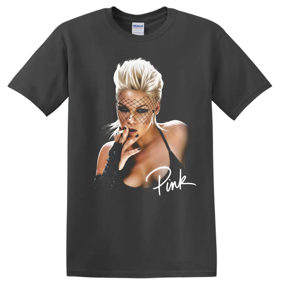 P!nk pop star portrait with aerial performer styling on a Charcoal T Shirt