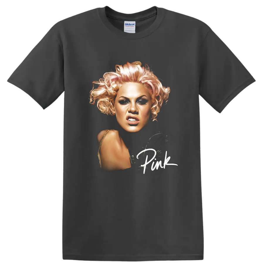 P!nk comic-book-style portrait with handwritten Pink script lettering on a Charcoal T Shirt