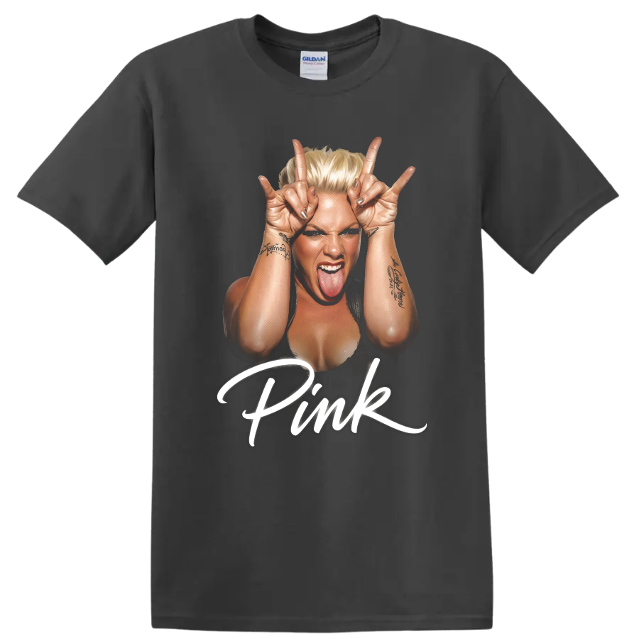 P!nk portrait graphic with raised rock hand gestures and white script on a Charcoal T Shirt