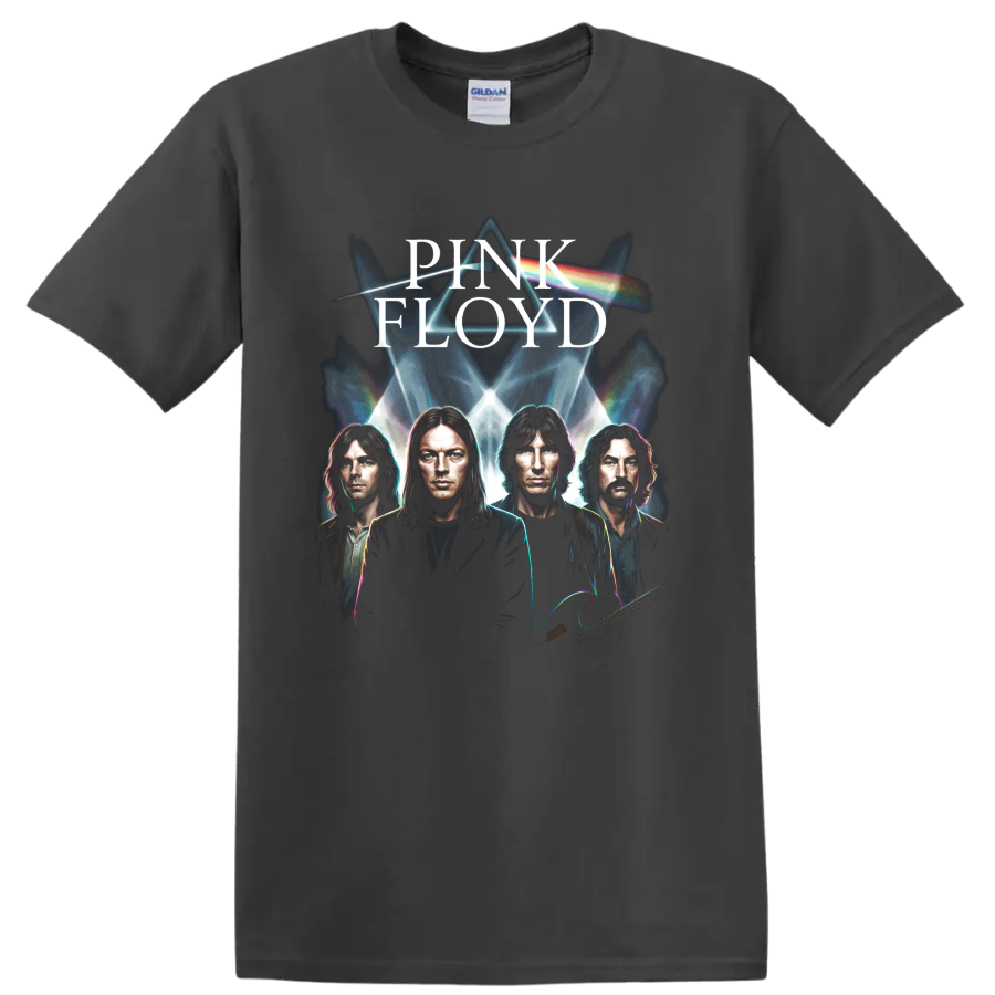Pink Floyd Dark Side prism graphic with band portraits and rainbow light on a Charcoal T Shirt