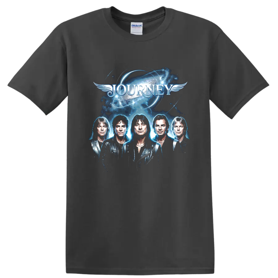 Journey classic rock band portraits with winged cosmic logo on a Charcoal T Shirt
