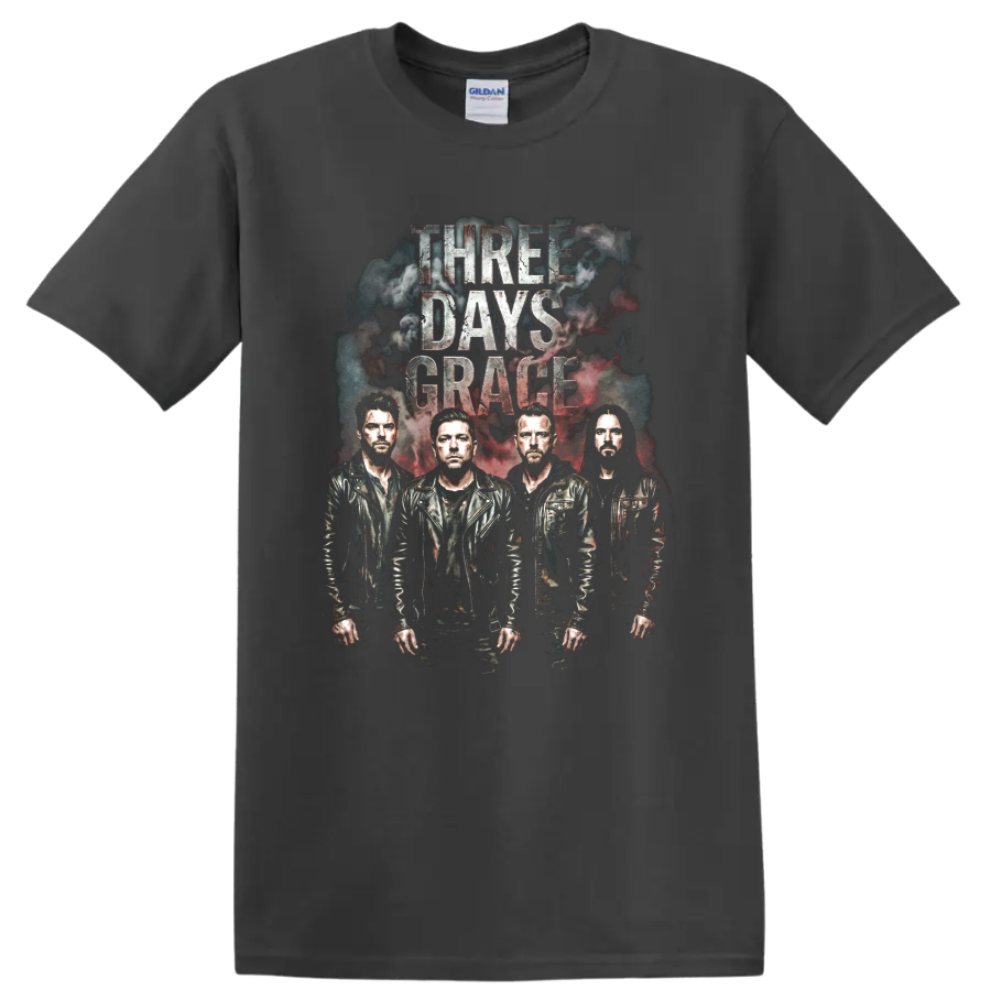 Three Days Grace vintage rock band graphic with four portraits and distressed lettering on a Charcoal T Shirt