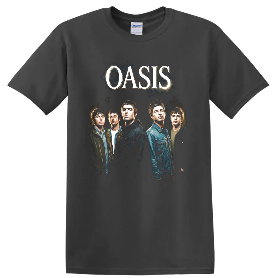 Oasis band portrait with Liam Gallagher and large OASIS lettering on a Charcoal T Shirt