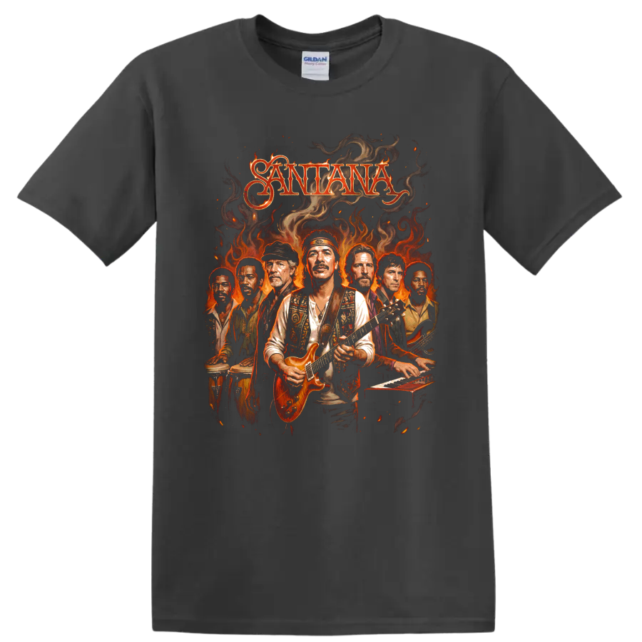 Carlos Santana and Santana Latin rock band with electric guitar and flames on a Charcoal T Shirt
