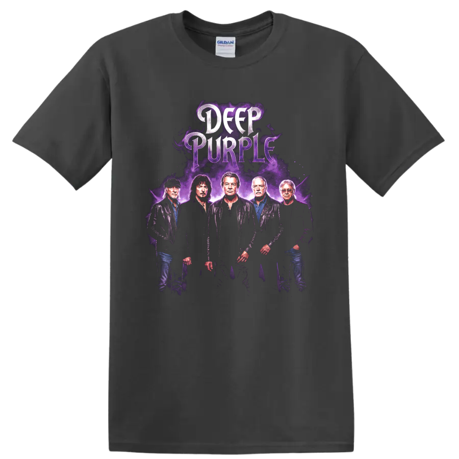 Deep Purple band poster with purple smoke and distressed lettering on a Charcoal T Shirt