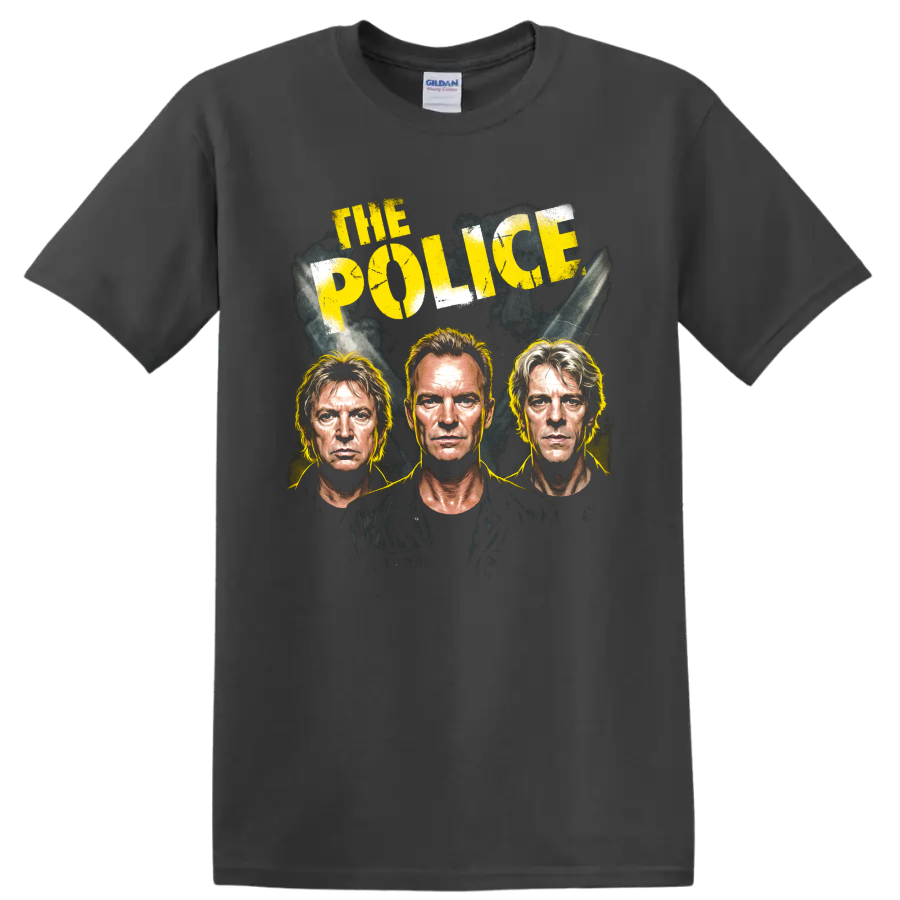 The Police distressed rock portrait graphic with Sting, Summers and Copeland on a Charcoal T Shirt