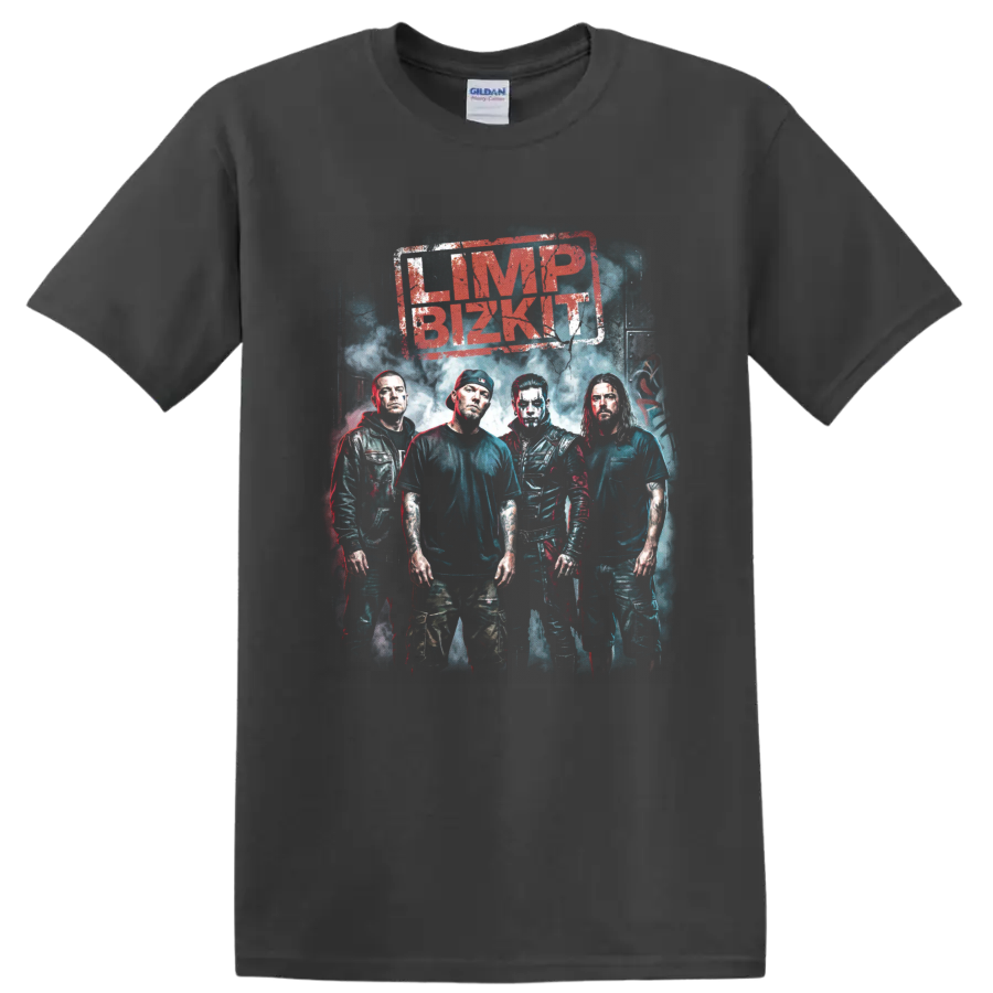Limp Bizkit band members poster with distressed nu metal graphic lettering on a Charcoal T Shirt