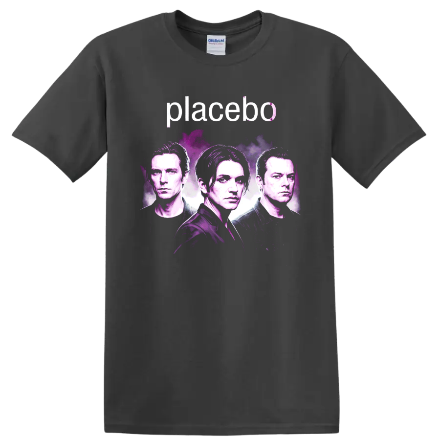 Placebo band portrait graphic with pink and purple paint-splash artwork on a Charcoal T Shirt