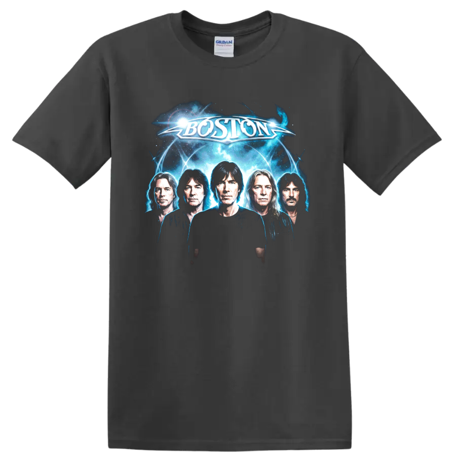 Boston rock band futuristic cosmic portrait with glowing blue energy on a Charcoal T Shirt