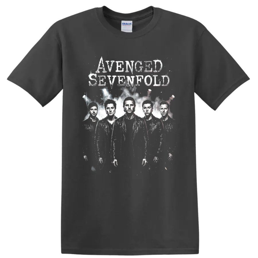 Avenged Sevenfold distressed heavy metal band portrait design on a Charcoal T Shirt