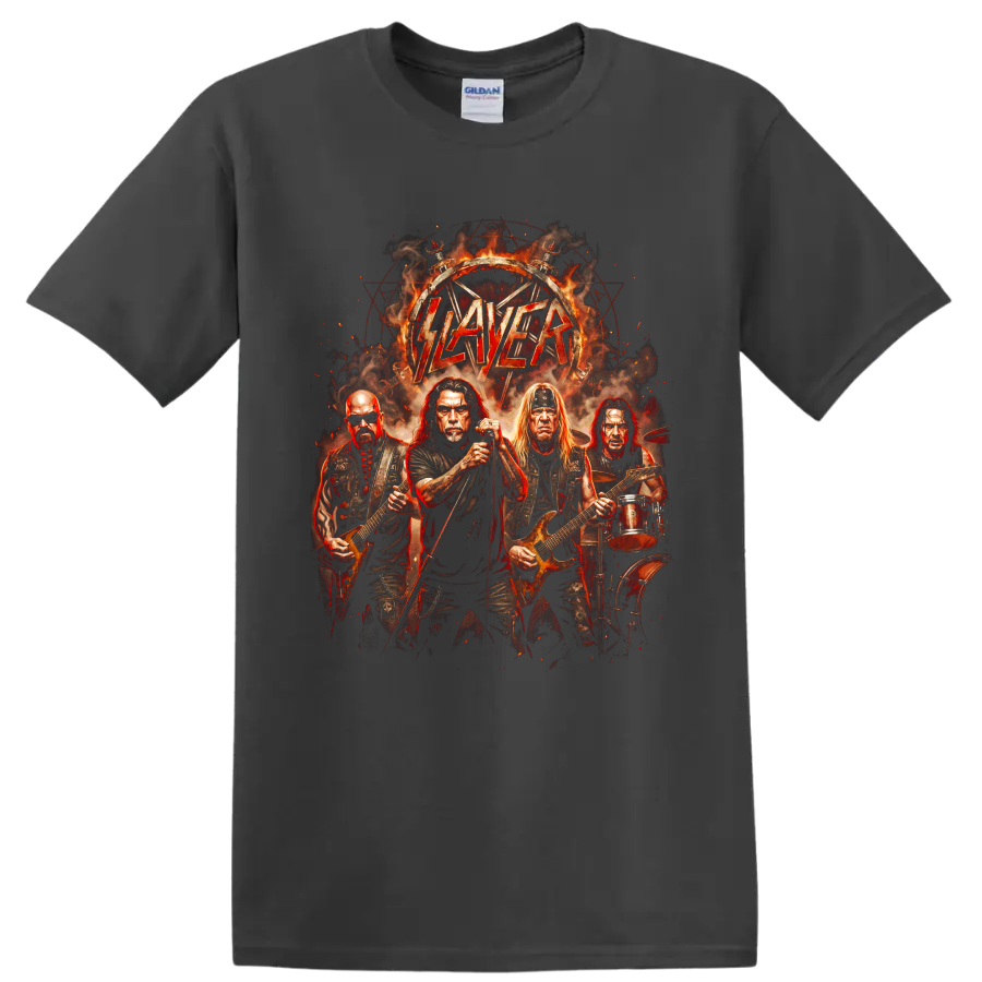 Slayer thrash metal band performing in fiery distressed graphic artwork on a Charcoal T Shirt