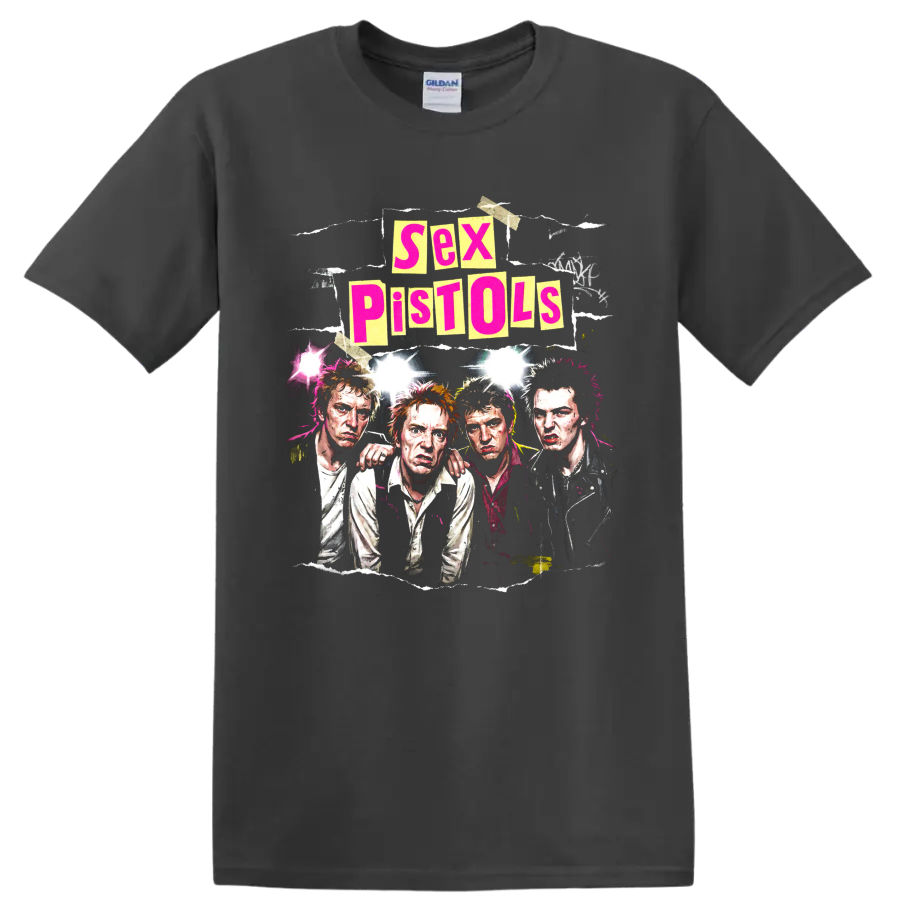 Sex Pistols punk rock band portrait collage with bold distressed lettering on a Charcoal T Shirt