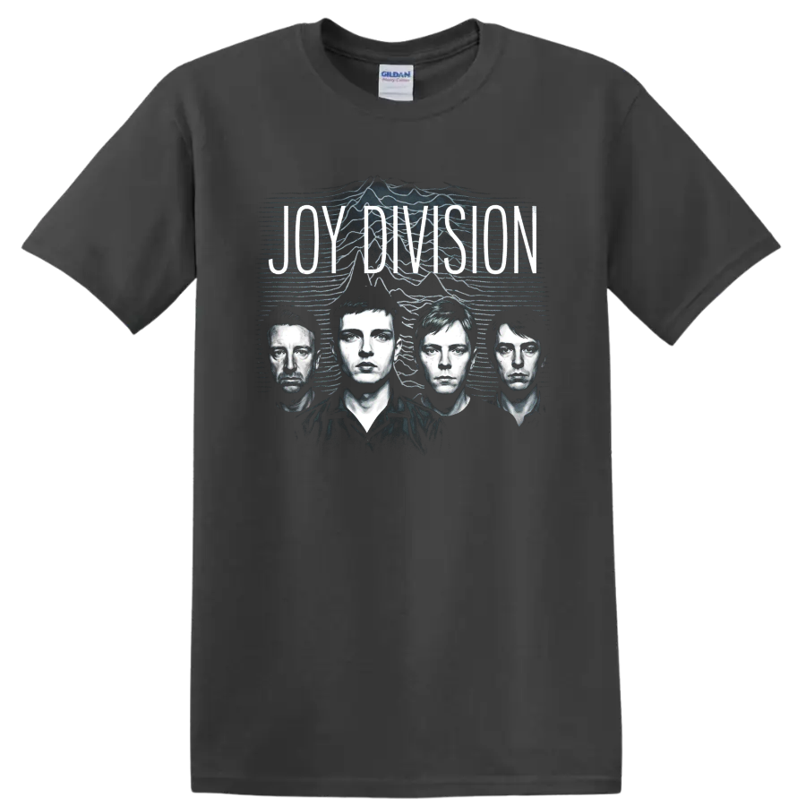 Joy Division post-punk graphic with four monochrome band portraits on a Charcoal T Shirt