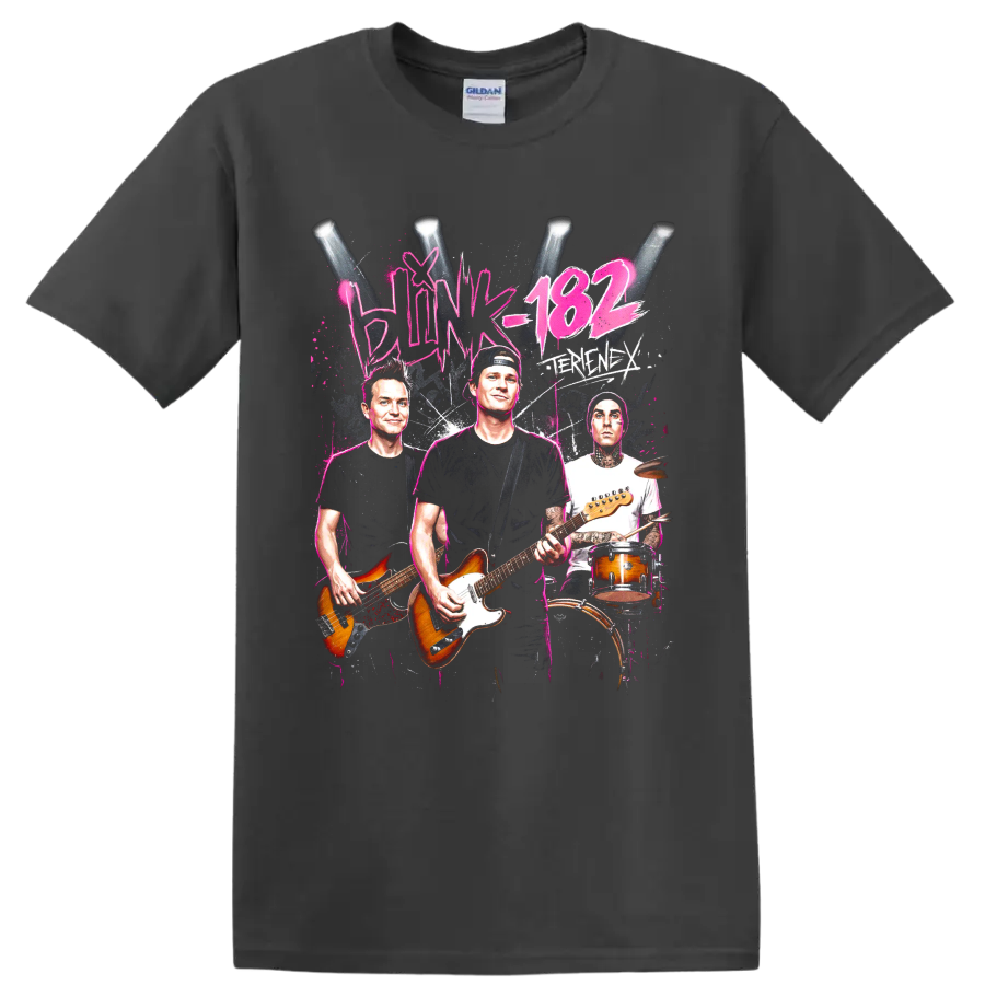 Blink-182 Tom DeLonge rock band graphic with guitars and drummer on a Charcoal T Shirt