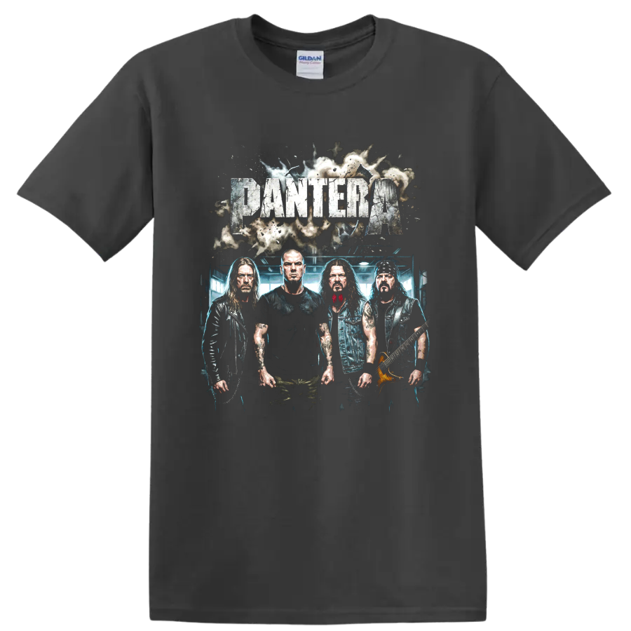 Pantera heavy metal band distressed graphic with four musicians and guitar on a Charcoal T Shirt