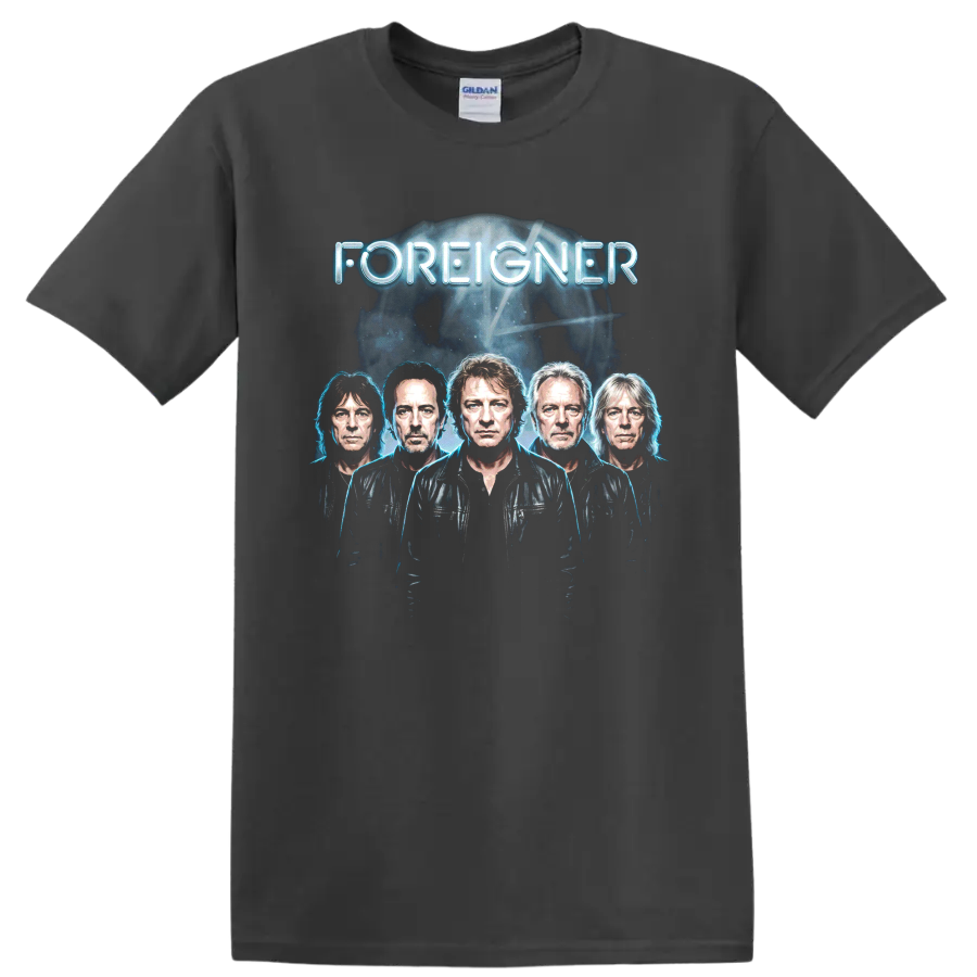 Foreigner classic rock portrait graphic with glowing blue lettering on a Charcoal T Shirt