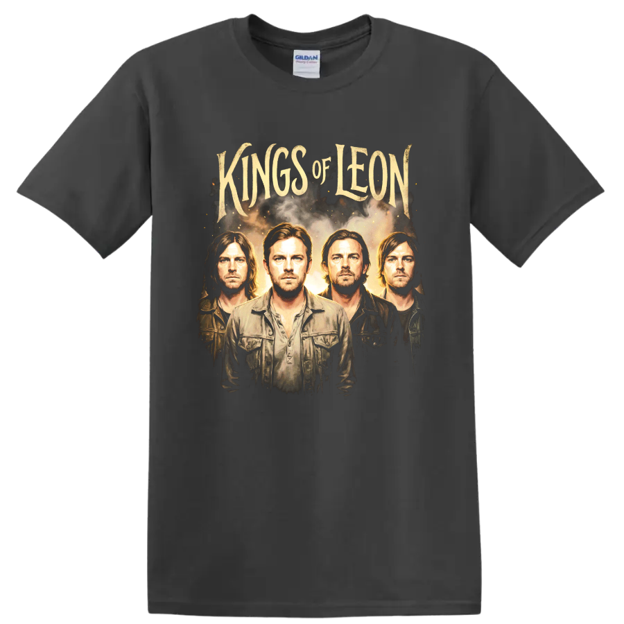 Kings of Leon vintage rock band portrait graphic on a Charcoal T Shirt