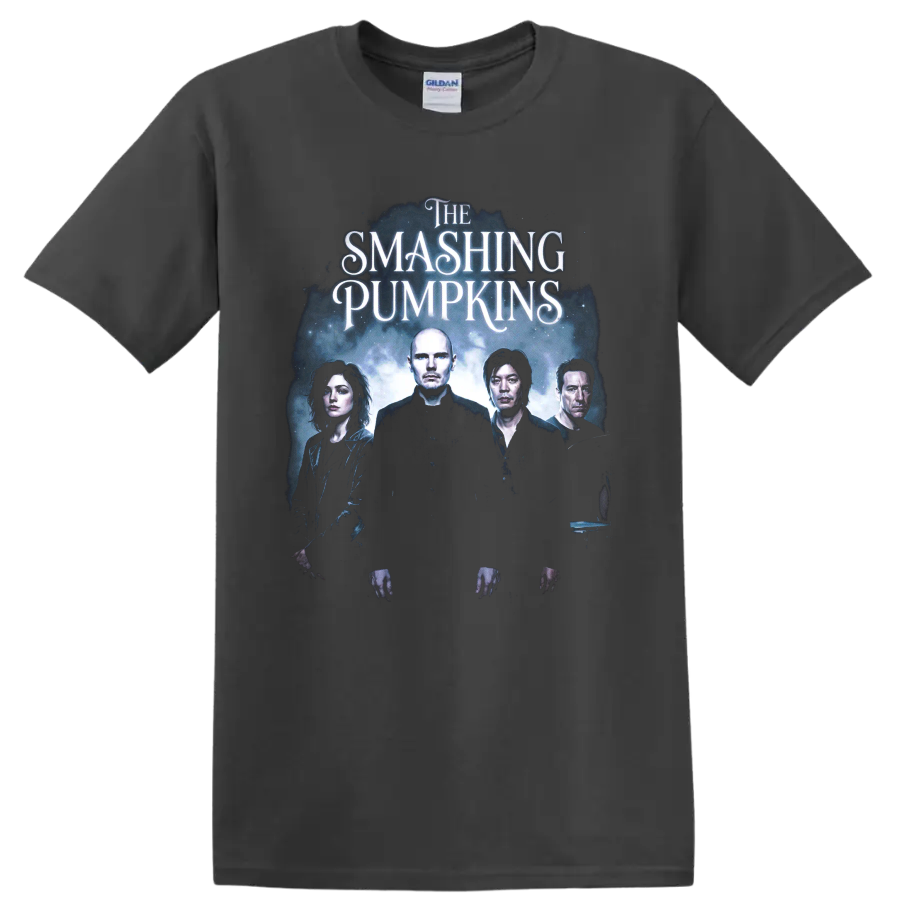 The Smashing Pumpkins blue-violet alternative rock band portrait graphic on a Charcoal T Shirt