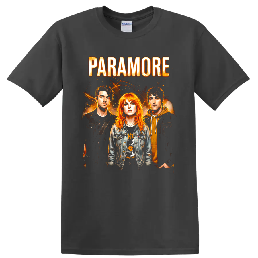 Paramore band portrait graphic with bold lettering and fiery orange concert-poster style on a Charcoal T Shirt