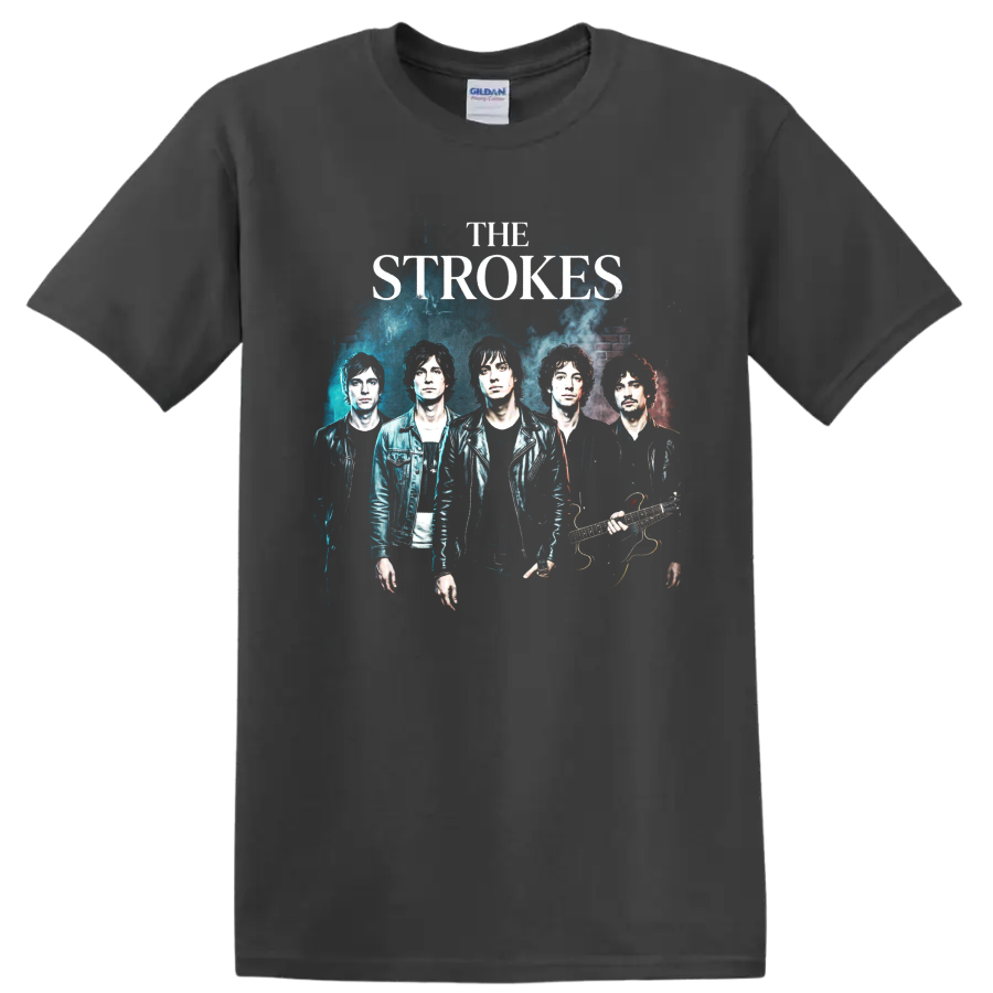 The Strokes distressed indie rock band poster graphic on a Charcoal T Shirt