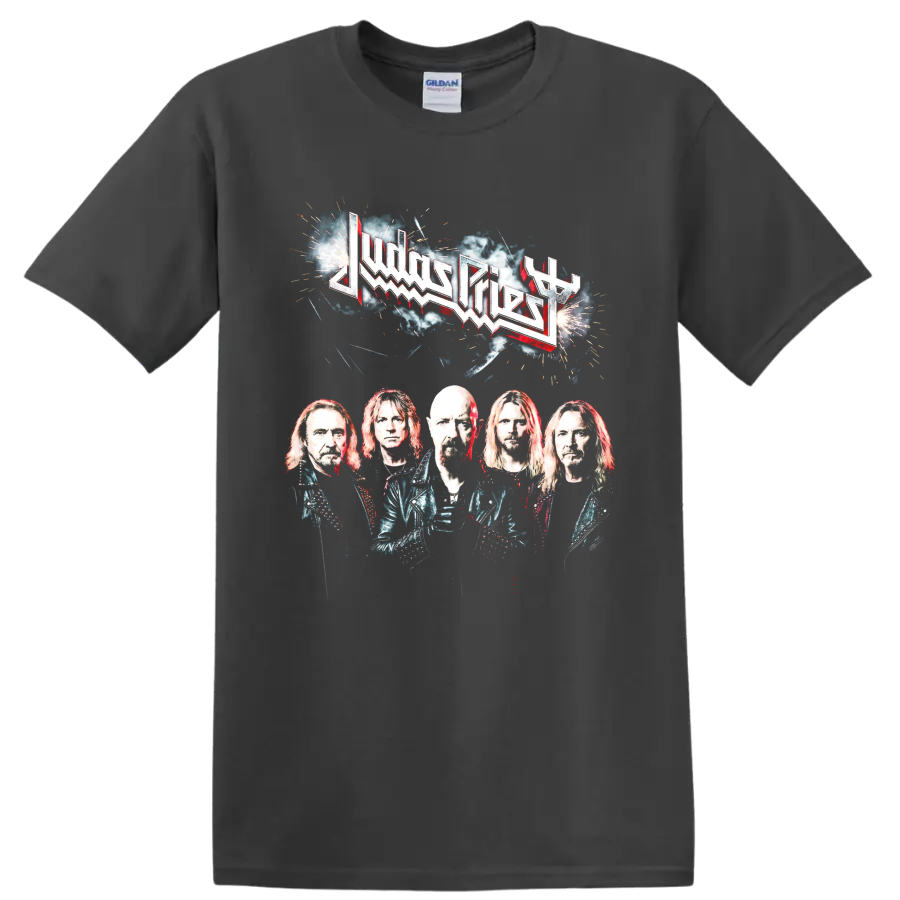 Judas Priest heavy metal band logo and portrait graphic print on a Charcoal T Shirt