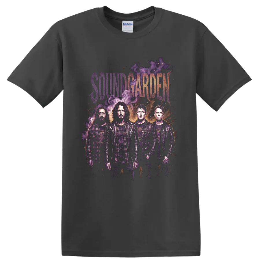Soundgarden grunge band portrait with purple smoke and distressed lettering on a Charcoal T Shirt