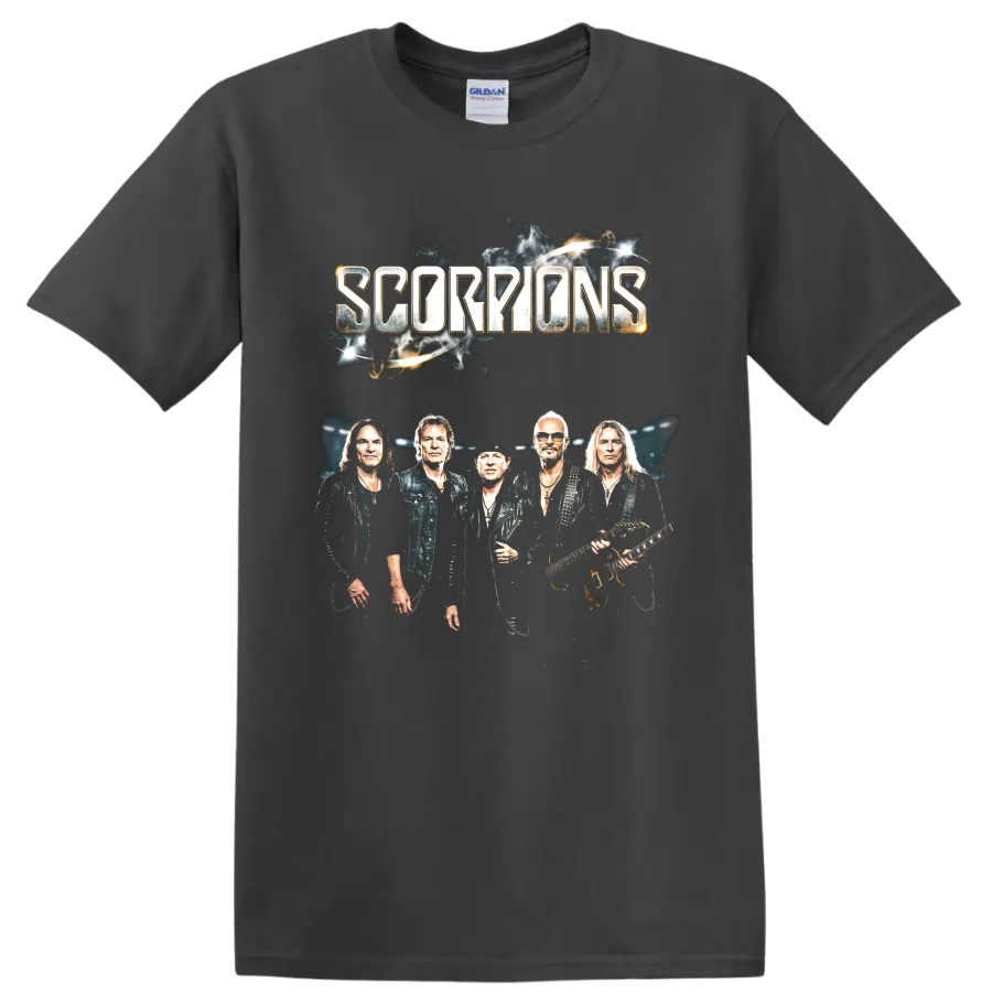 Scorpions band member portrait with guitars and distressed lettering on a Charcoal T Shirt