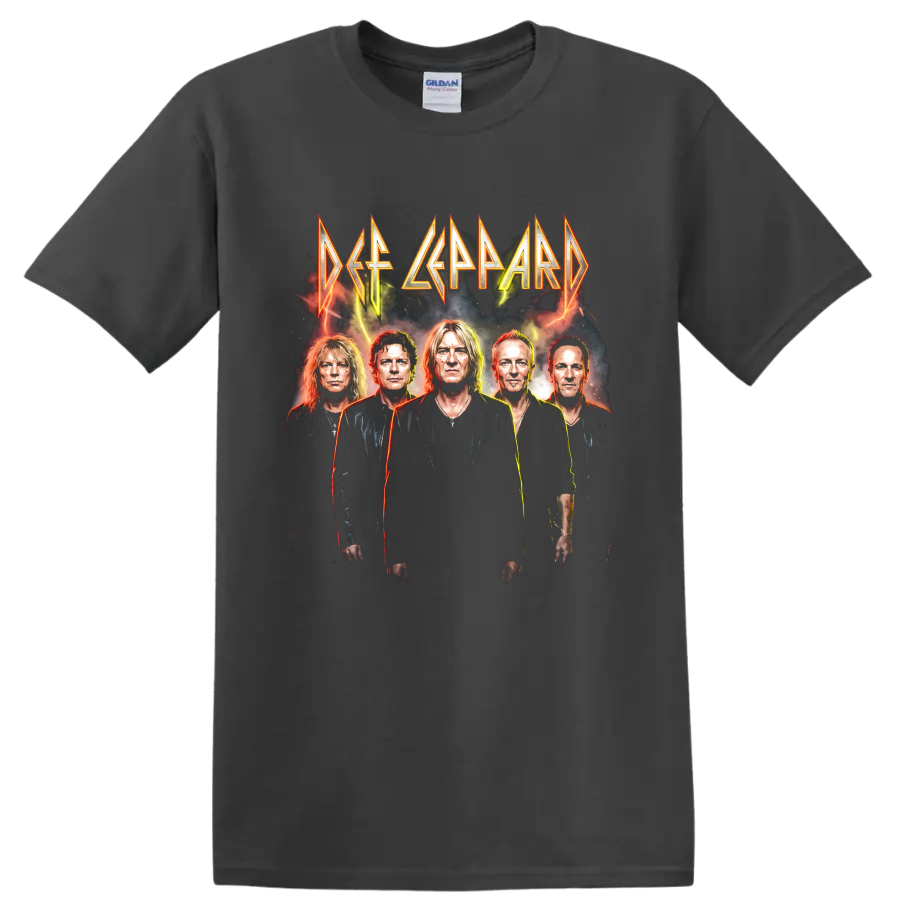 Def Leppard five-member portrait with angular lettering and lightning graphic on a Charcoal T Shirt