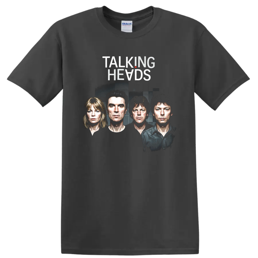 Talking Heads rock poster art with four illustrated portraits on a Charcoal T Shirt