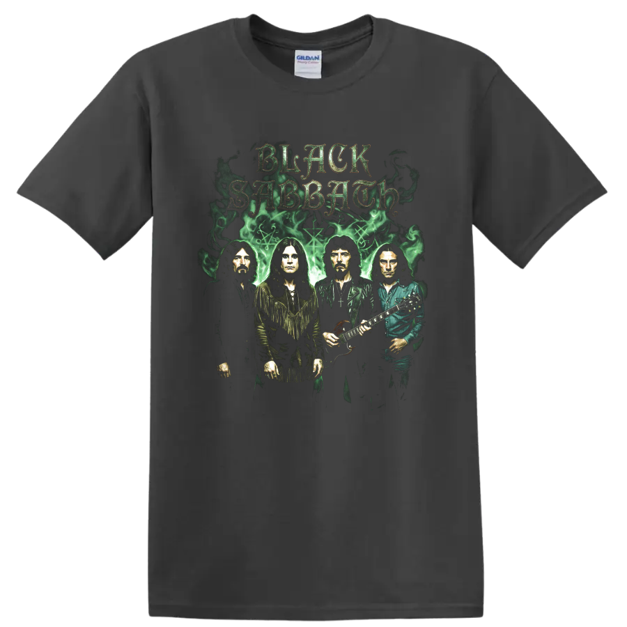 Black Sabbath band portraits with gothic lettering and green smoke on a Charcoal T Shirt