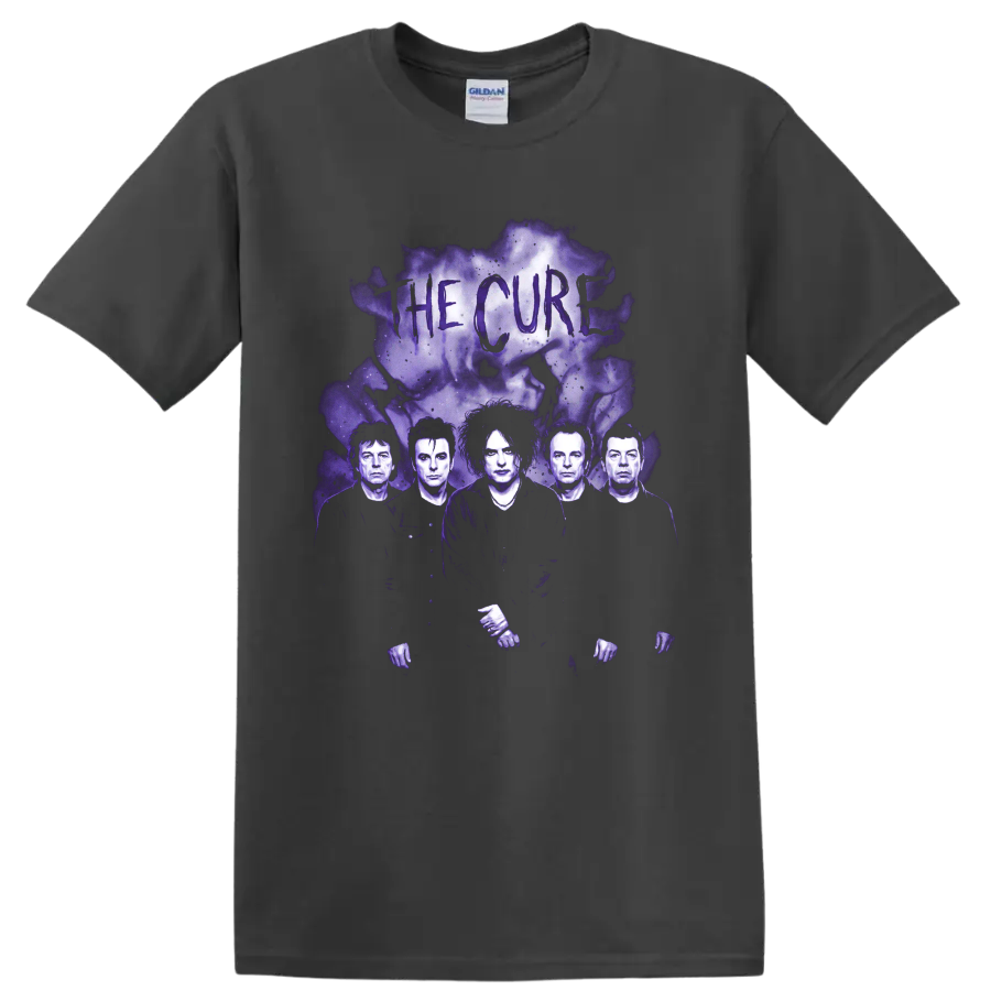 The Cure Robert Smith gothic rock band portrait with purple smoke on a Charcoal T Shirt
