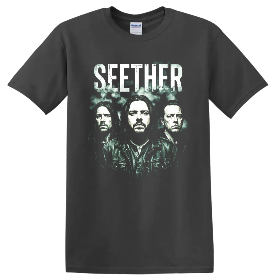 Seether alternative rock band portrait graphic with distressed SEETHER text on a Charcoal T Shirt