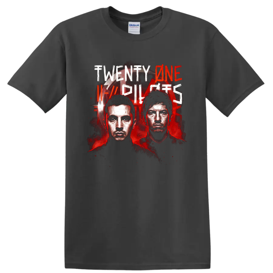 Twenty One Pilots alternative rock poster graphic with two illustrated portraits on a Charcoal T Shirt
