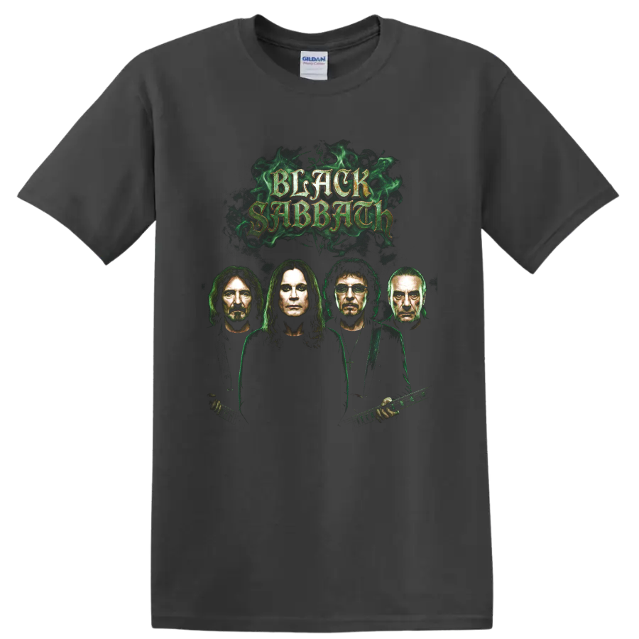 Black Sabbath Bloody Sabbath-inspired gothic band portrait graphic with green smoke on a Charcoal T Shirt