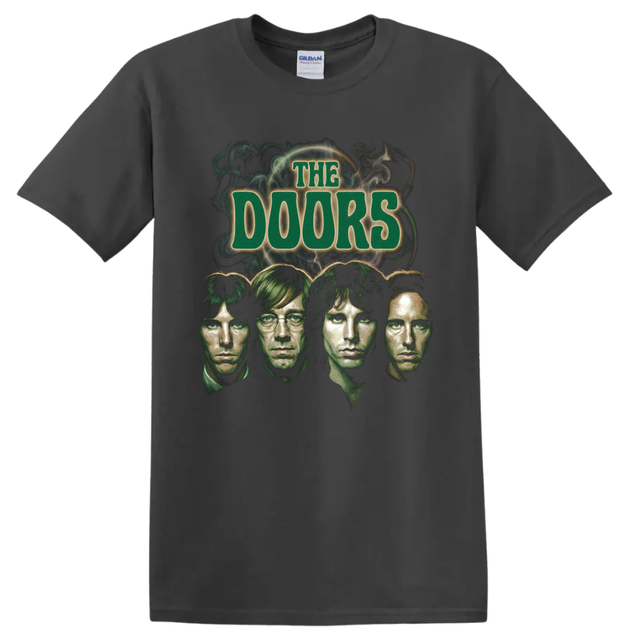 The Doors psychedelic rock graphic with four portraits and smoke on a Charcoal T Shirt