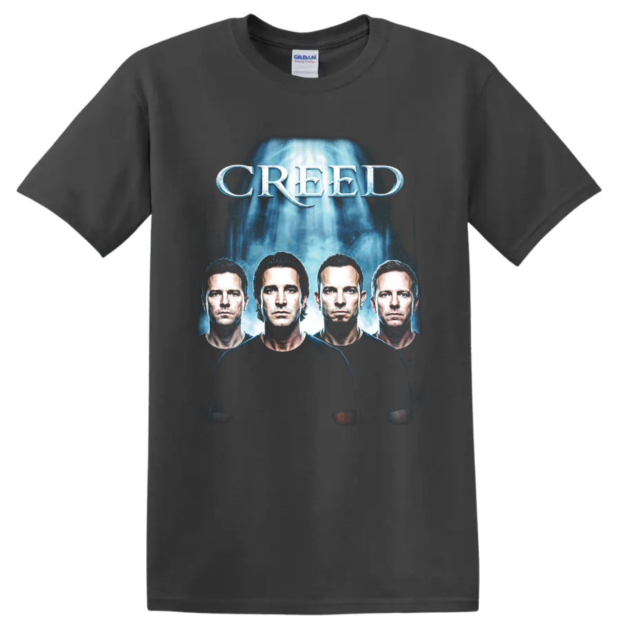 Creed post-grunge band portrait graphic with bold white lettering on a Charcoal T Shirt